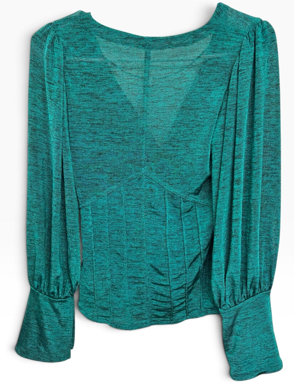 Free People Teal Green Heathered V-Neck Bishop Sleeve Pleated Top (S) - Picture 3 of 4